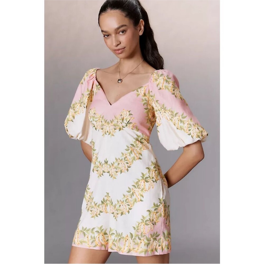 Farm Rio x Anthropologie V-Neck Puff-Sleeve Linen Romper Women XS Pink Tropical
